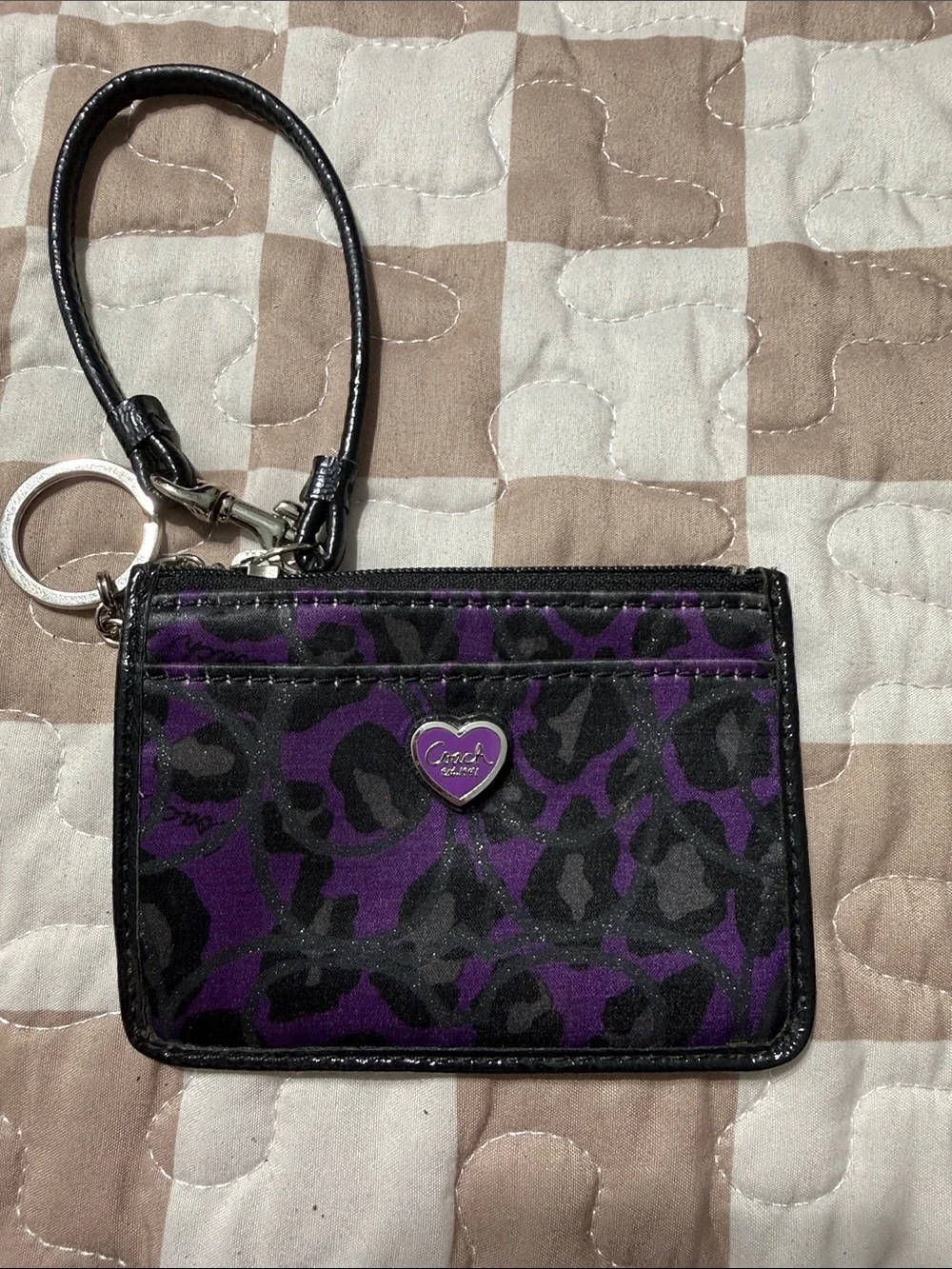 Coach Purple and Black Leopard Card Wristlet with Heart Logo